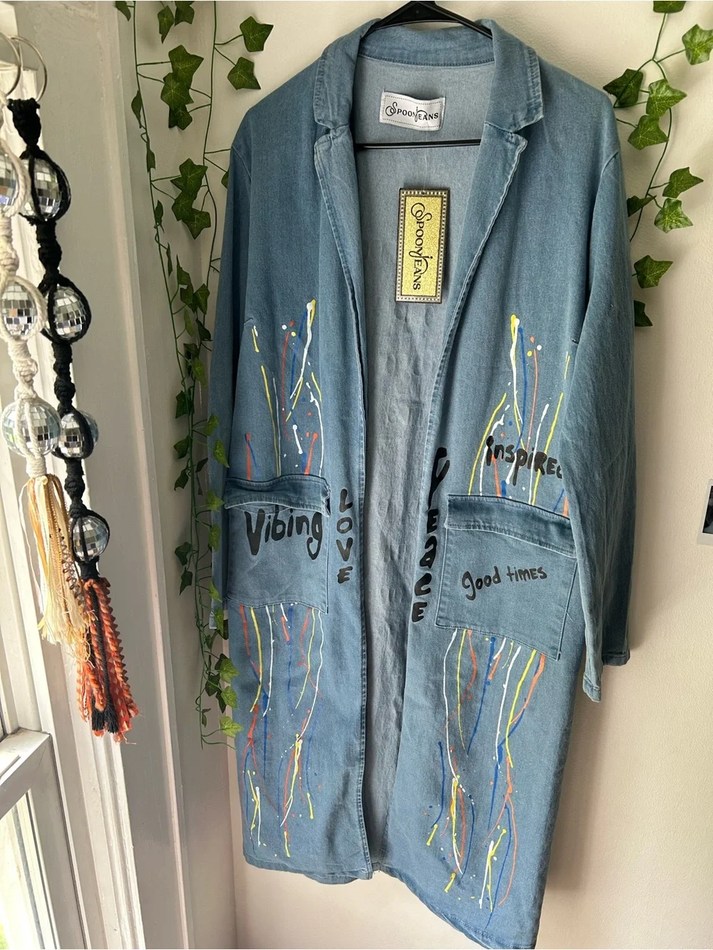 NWT Spoon Jeans Painted Light Denim Duster Jacket - Blue Size XL